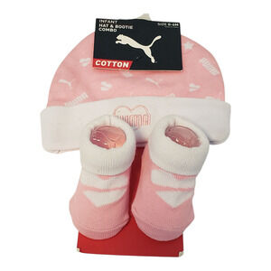 Puma Infant Beanie Hat Bootie Socks Set Baby Girls 0-6M Pink White Shower Gift